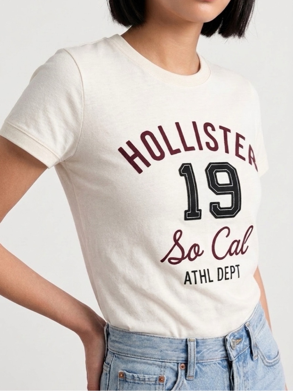 Hollister Cream Tee with Burgundy Script & Black Number